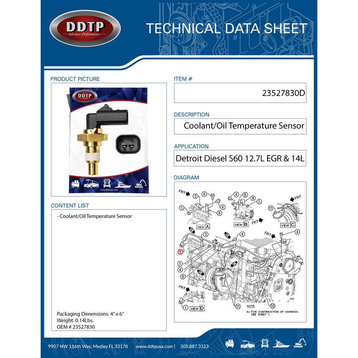 Engine Coolant/Oil Temperature Sensor Detroit Diesel S60 12.7L EGR & 14L