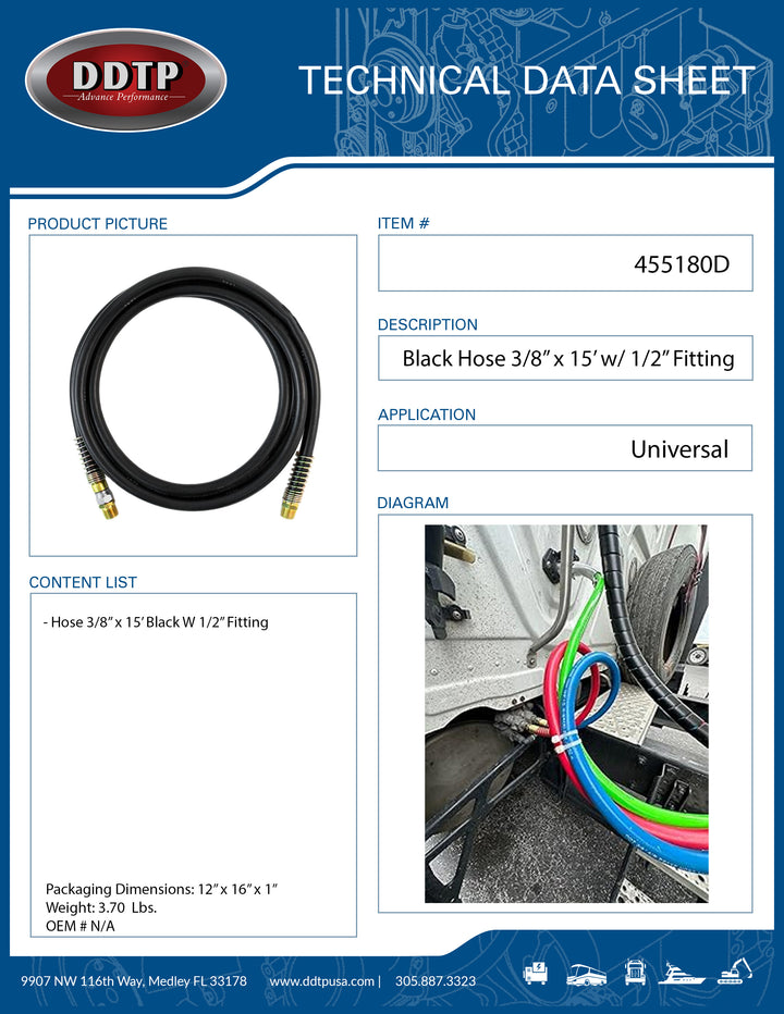 Black Hose 3/8” x 15’ w/ 1/2" Fittings