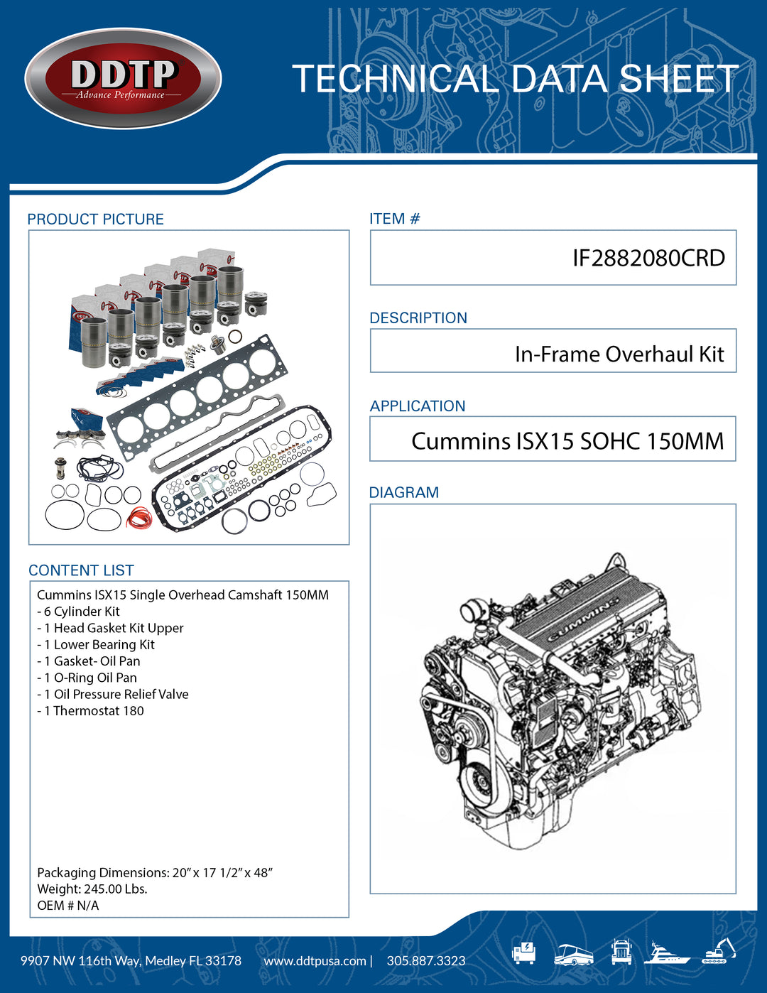 In-Frame Overhaul Kit Cummins ISX15 Single Overhead Camshaft (2010-2017) 150MM Liner Cut Rod Bearings