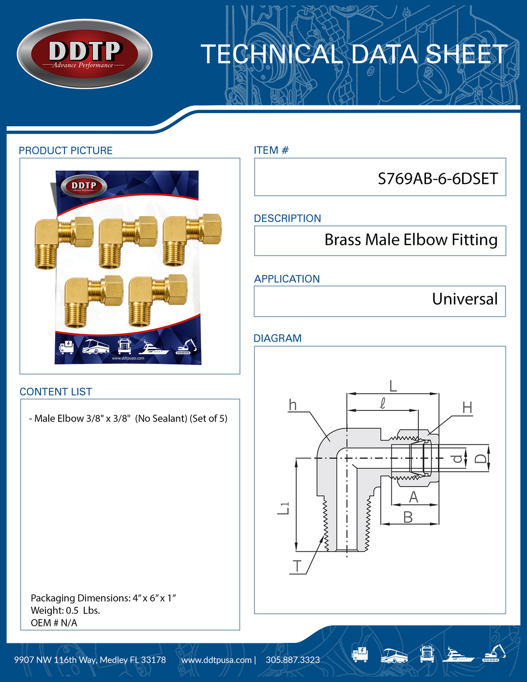 90° Brass Male Elbow Fitting 3/8" x 3/8" (No Sealant) (Set of 5)