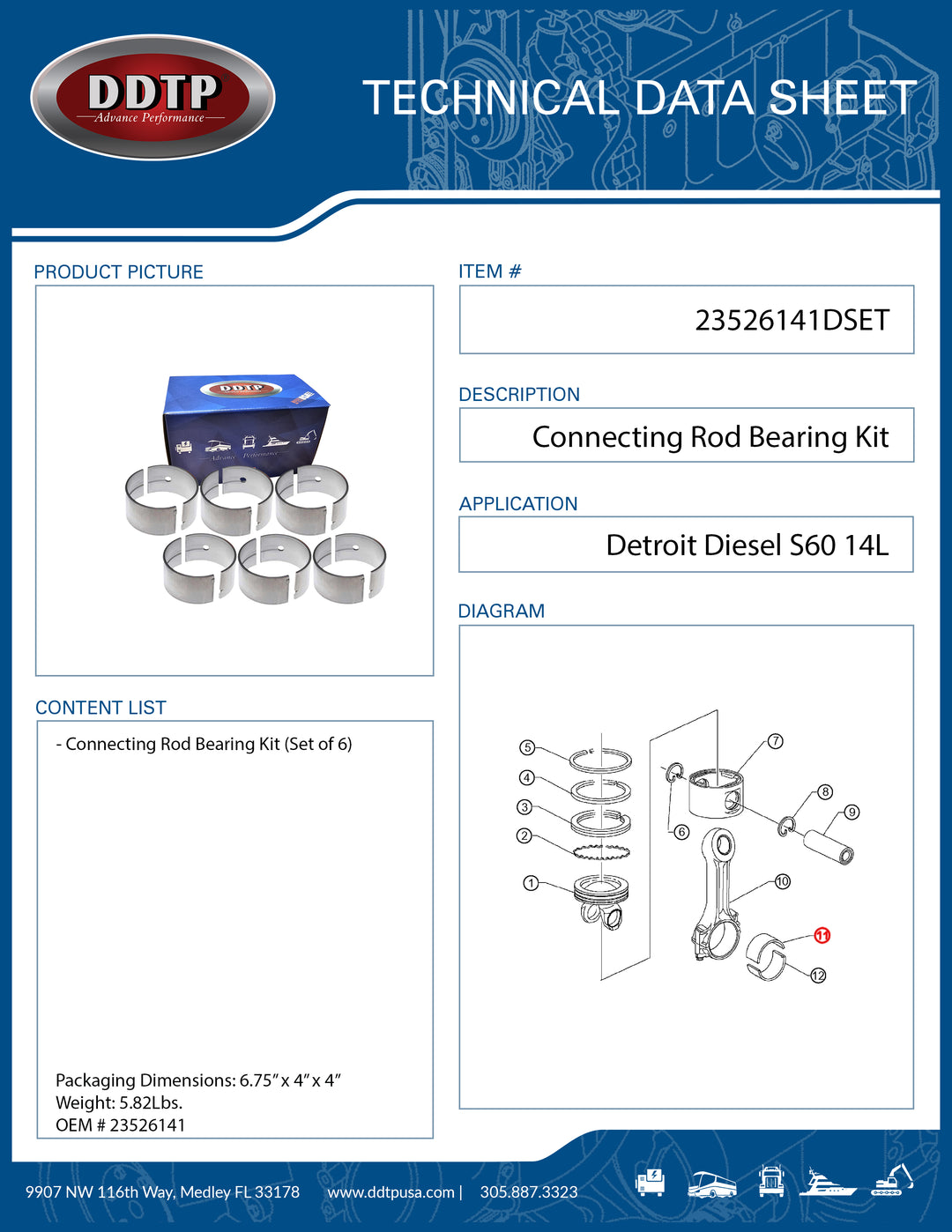 Connecting Rod Bearing Kit S60 14L Set of 6 ( 23526141 )