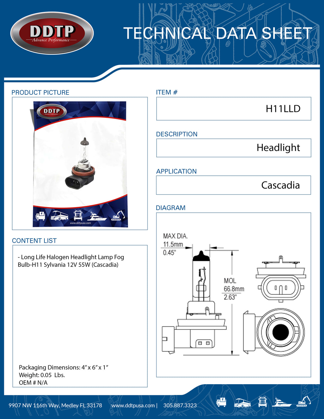Long Life Halogen Headlight Lamp Fog Bulb-H11 Sylvania 12V 55W (Cascadia)