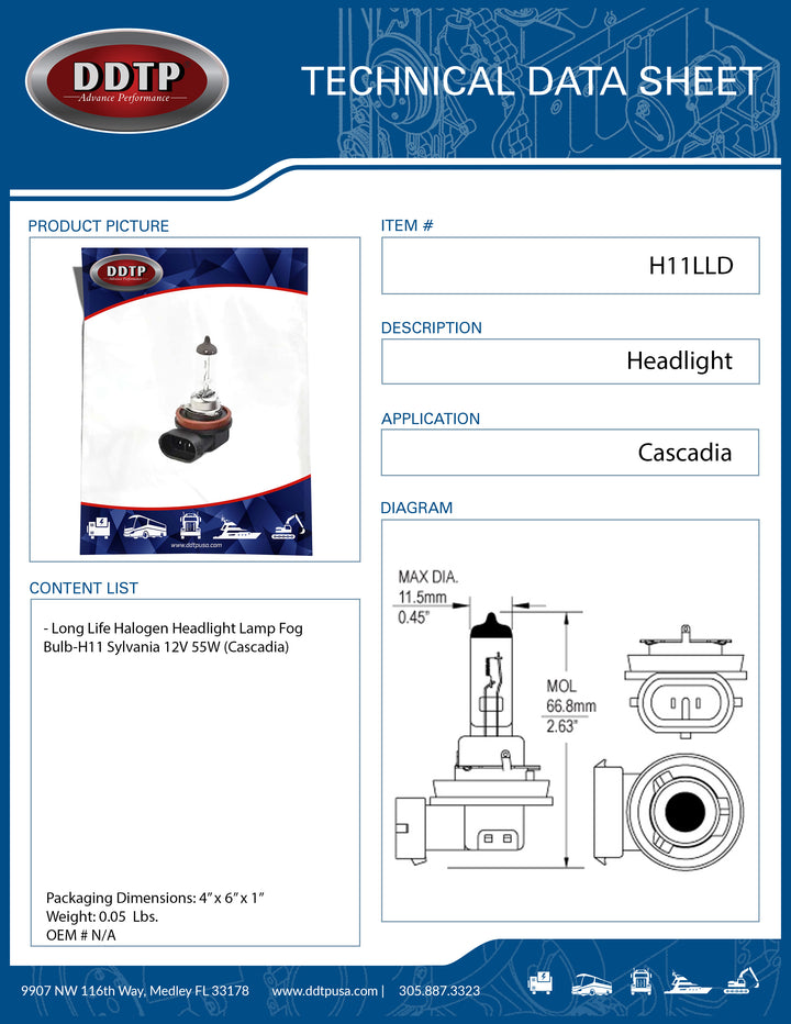 Long Life Halogen Headlight Lamp Fog Bulb-H11 Sylvania 12V 55W (Cascadia)