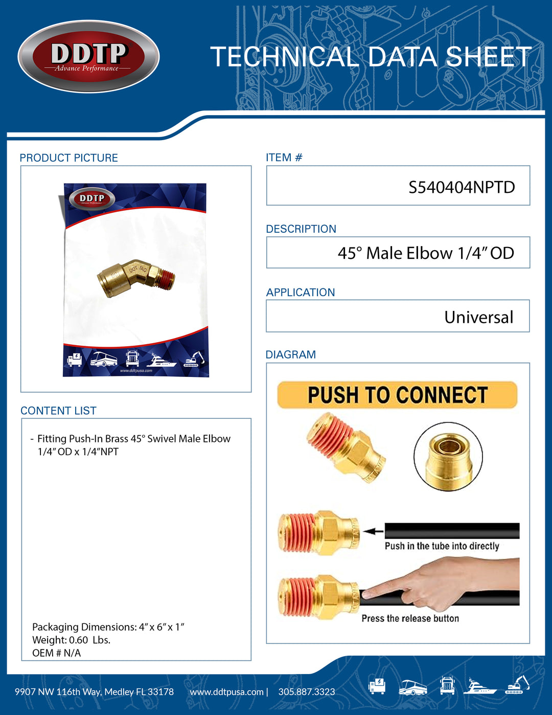 45° Male Elbow 1/4" OD x 1/4" NPT