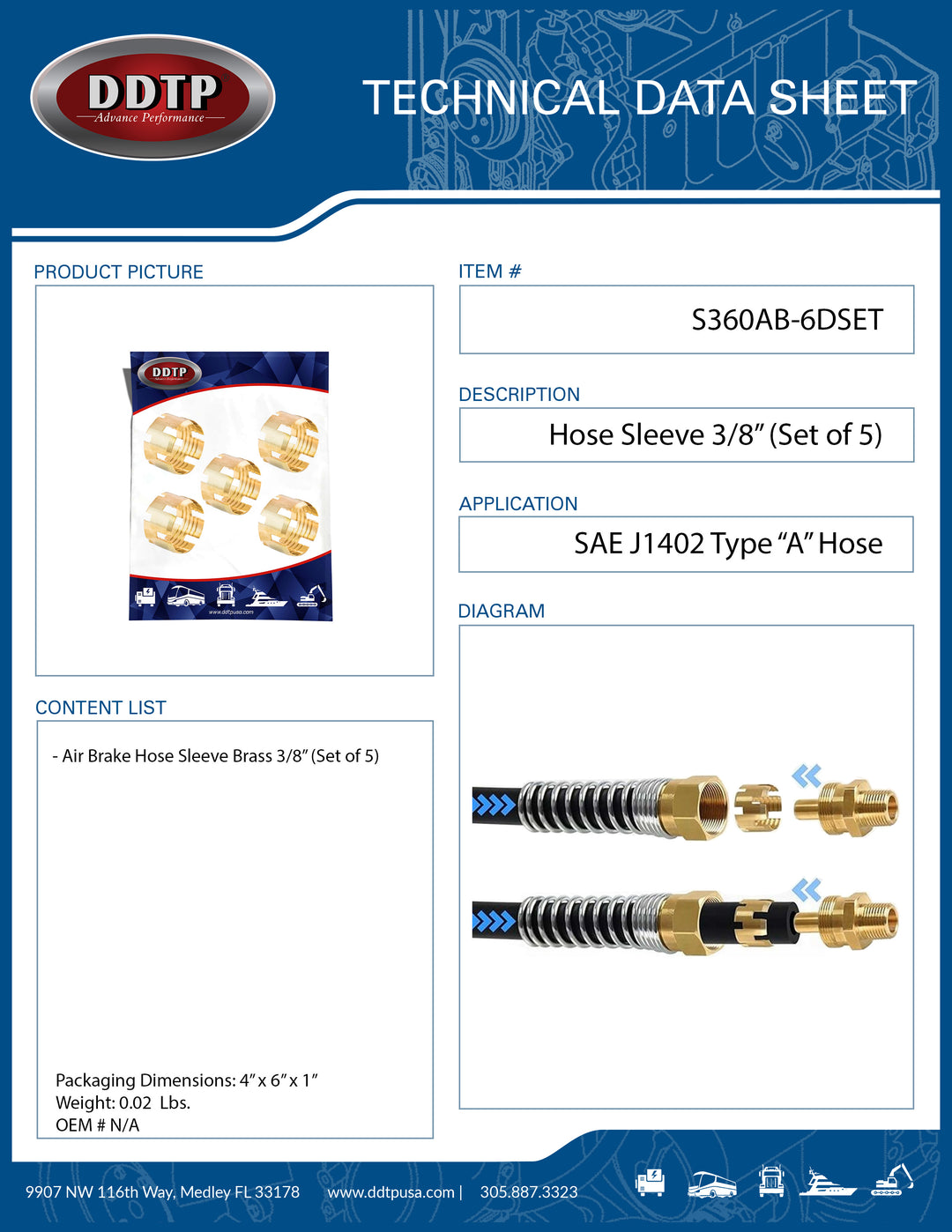 Brass Air Brake Hose Sleeve 3/8" (Set of 5)