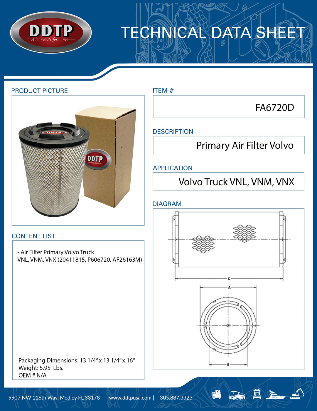 Volvo Primary Air Filter (20411815, P606720, AF26163M)