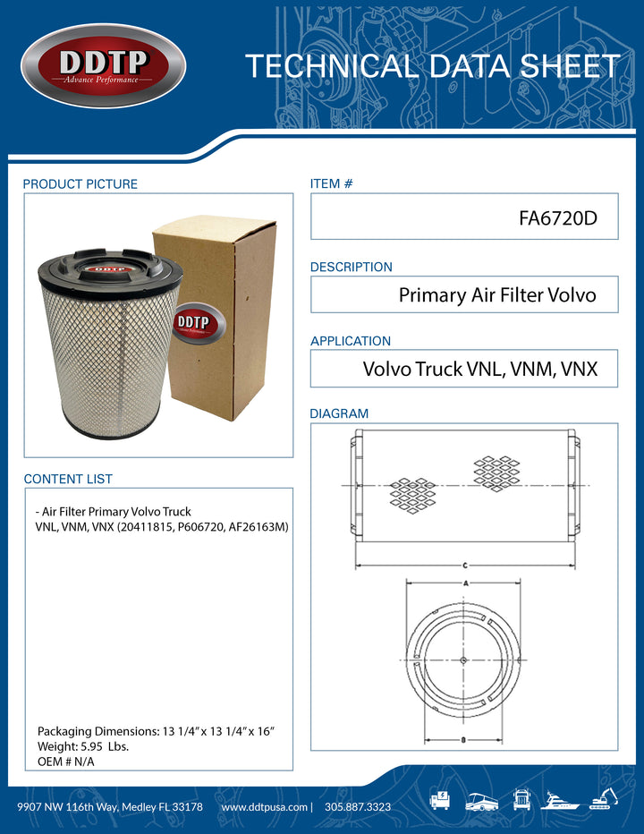 Volvo Primary Air Filter (20411815, P606720, AF26163M)