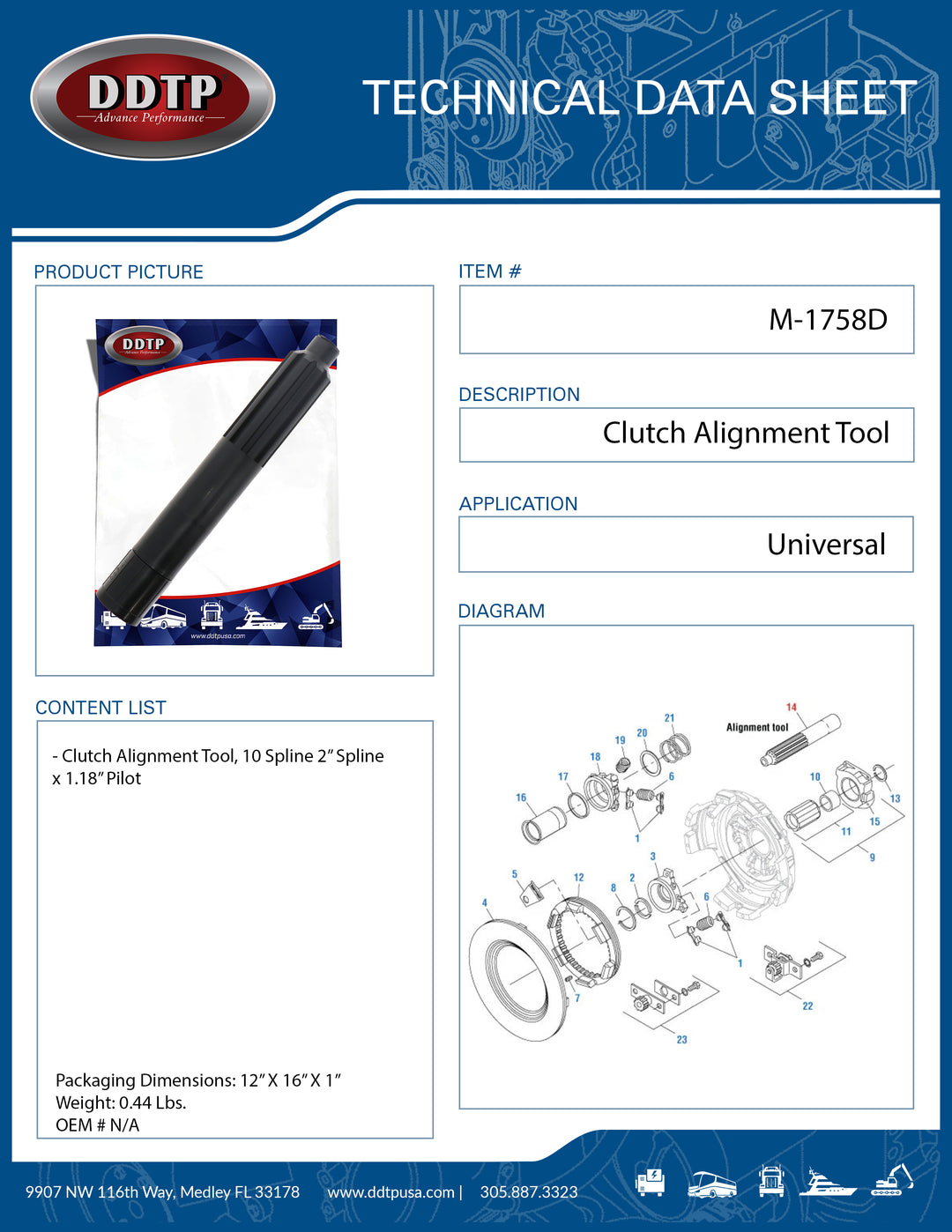 Clutch Alignment Tool, 10 Spline 2" Spline x 1.18" Pilot