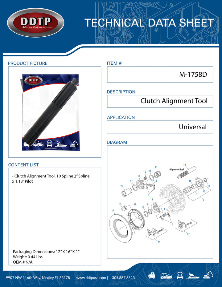 Clutch Alignment Tool, 10 Spline 2" Spline x 1.18" Pilot