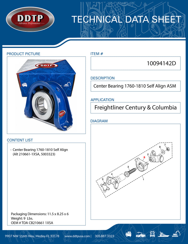 Center Bearing 1760-1810 Self Align Alt 210661-1XSA, 5003323 ( TDA CB210661 1XSA )