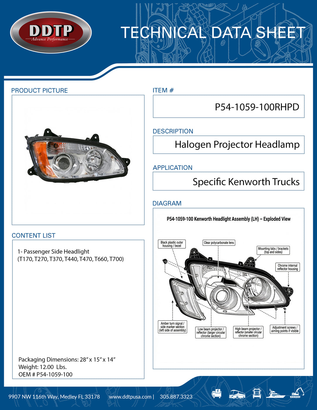 Kenworth T680 Passenger Side Headlight Assembly | Right Hand Headlamp (P54-1059-100)