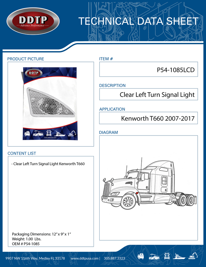Clear Left Turn Signal Light Housing for Kenworth T660 2007-2017