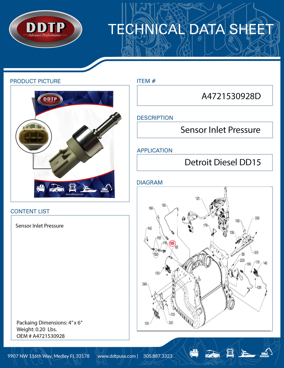 Sensor DOC Inlet Pressure DD15 (910)