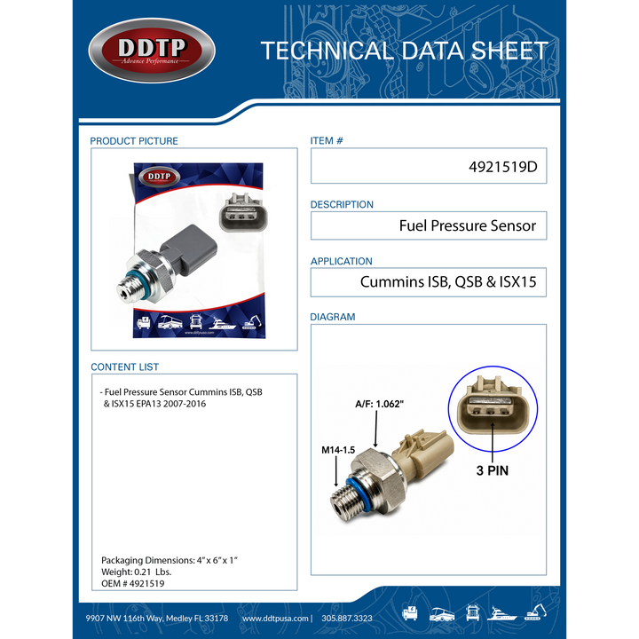 Fuel Pressure Sensor Cummins ISB, QSB & ISX15 EPA13 2007-2016