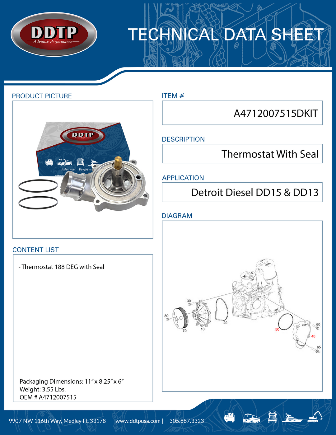 Thermostat 188 DEG with Seal Detroit Diesel DD15 & DD13