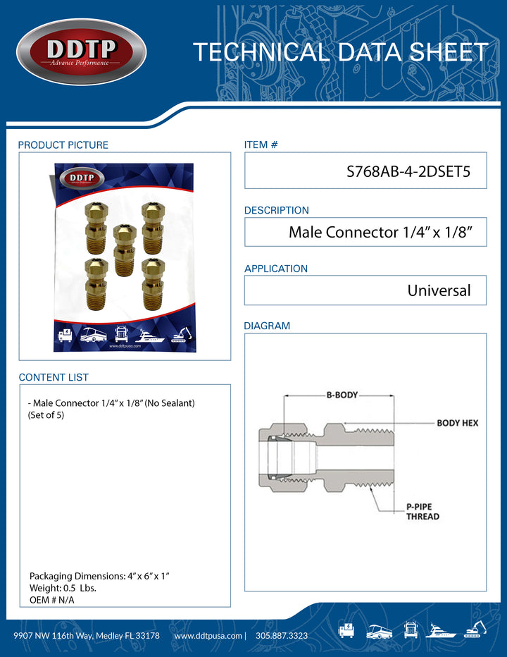 Brass Male Connector 1/4" x 1/8" (No Sealant) (Set of 5)