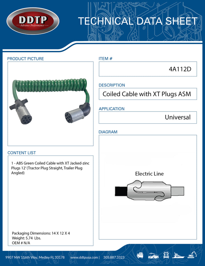 ABS Green Coiled Cable with XT Jacked-zinc Plugs 12' Tractor Plug Straight, Trailer Plug Angled ( 4A112D )