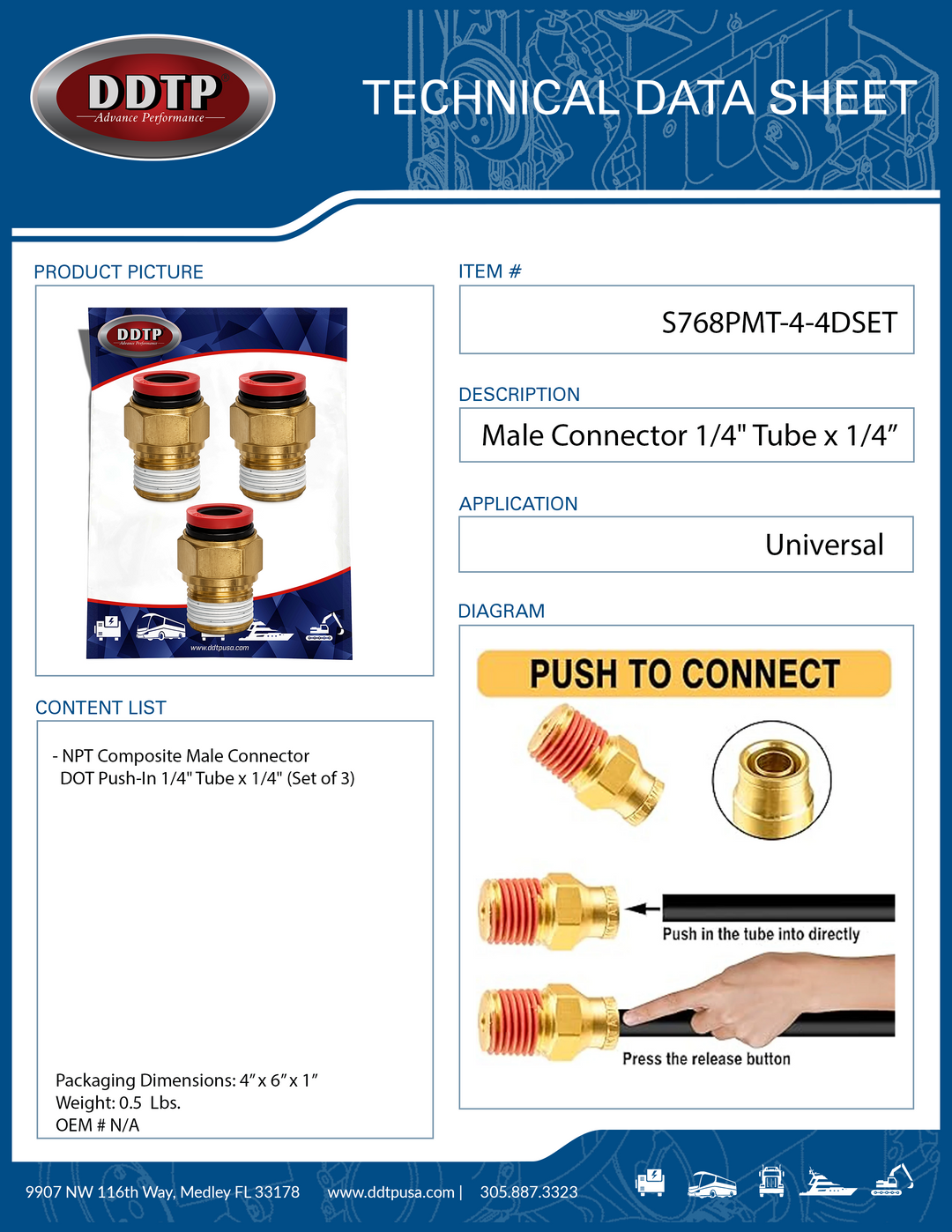 Conector macho compuesto NPT DOT de inserción rápida de 1/4" (tubo de 1/4") (juego de 3)