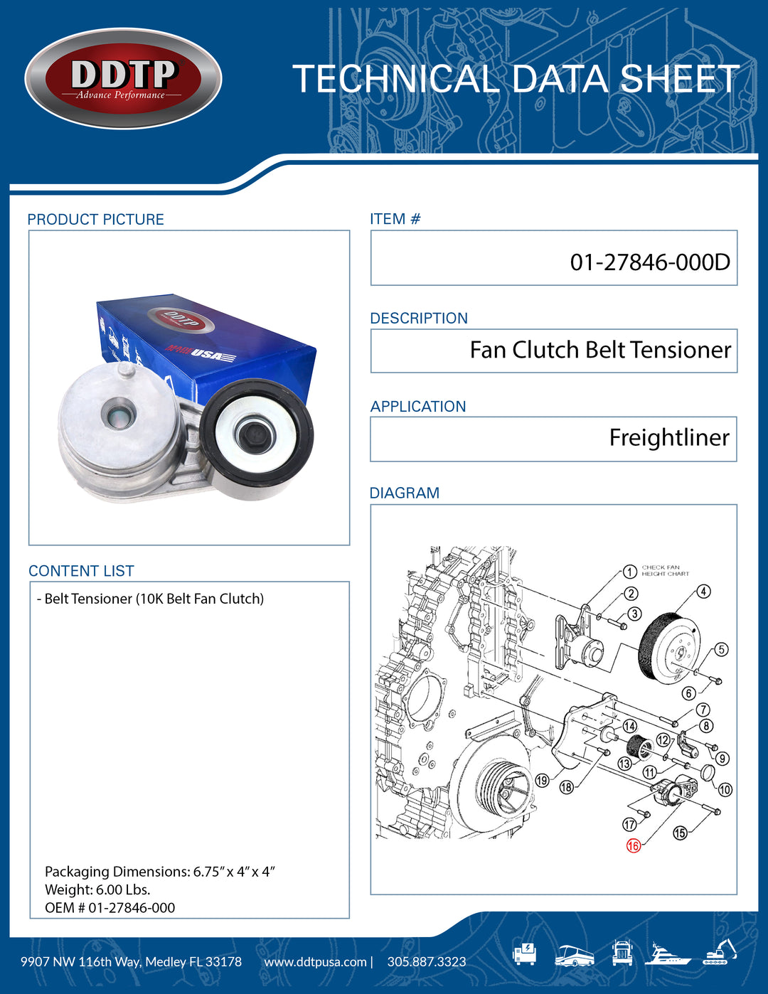 Freightliner Belt Tensioner Pulley 10K Belt Fan Clutch (01-27846-000, FLT689436)