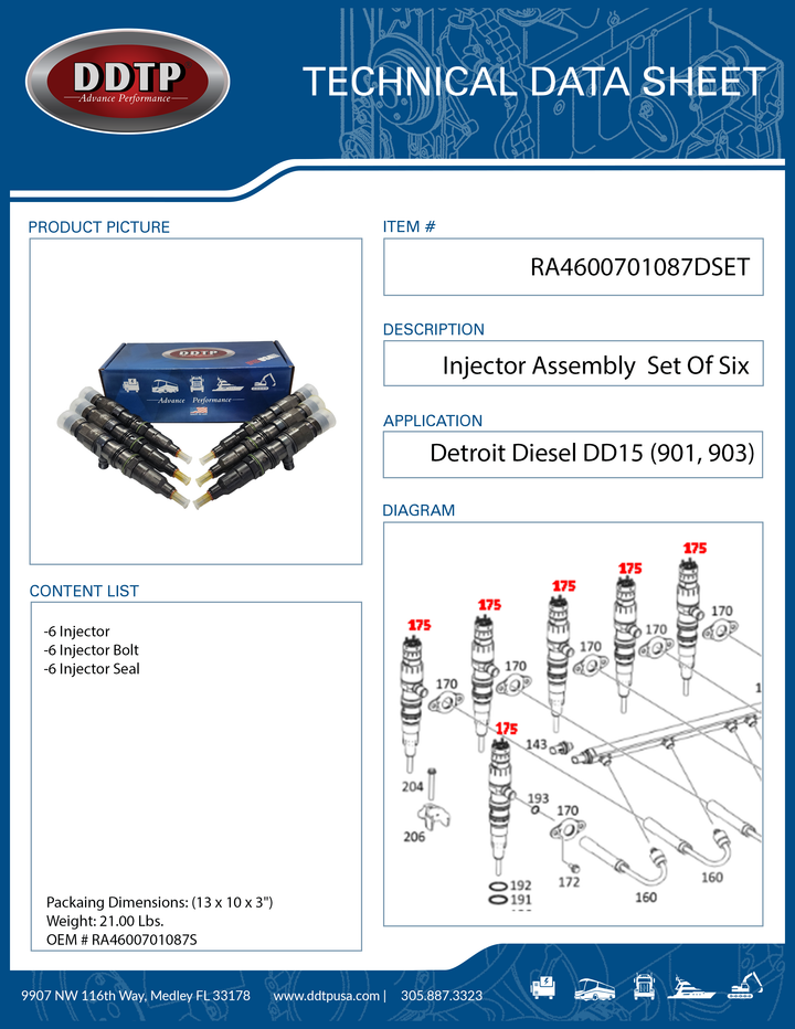 Remanufactured Injector ASM DD15 901, 903 Set of 6 (RA4600701087)