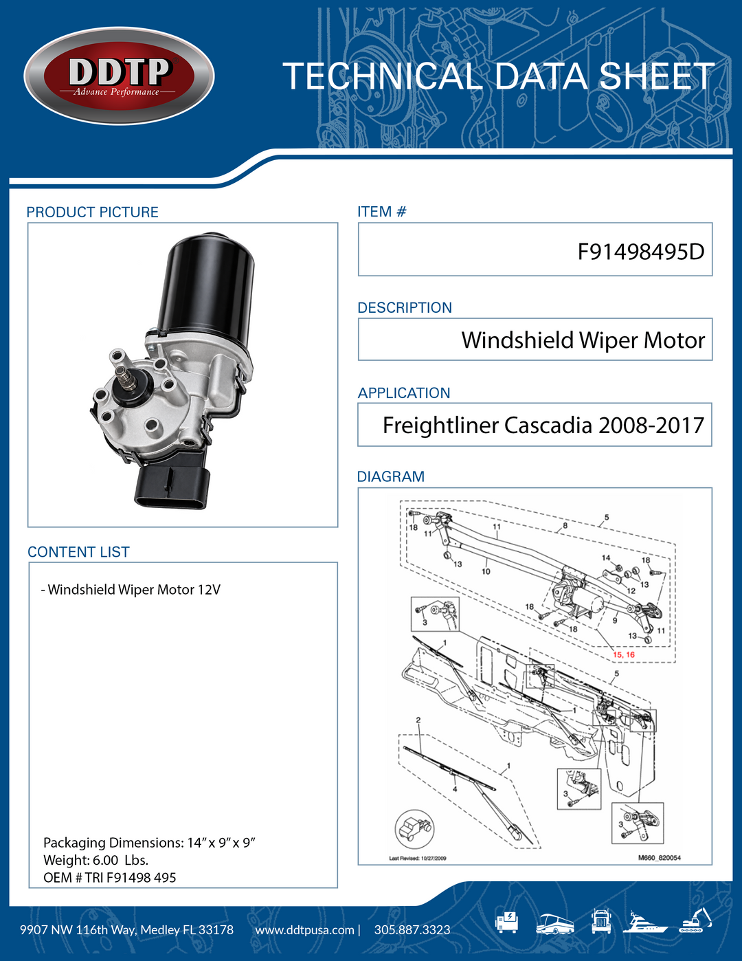 Windshield Wiper Motor 12V Freightliner Cascadia 2008-2017