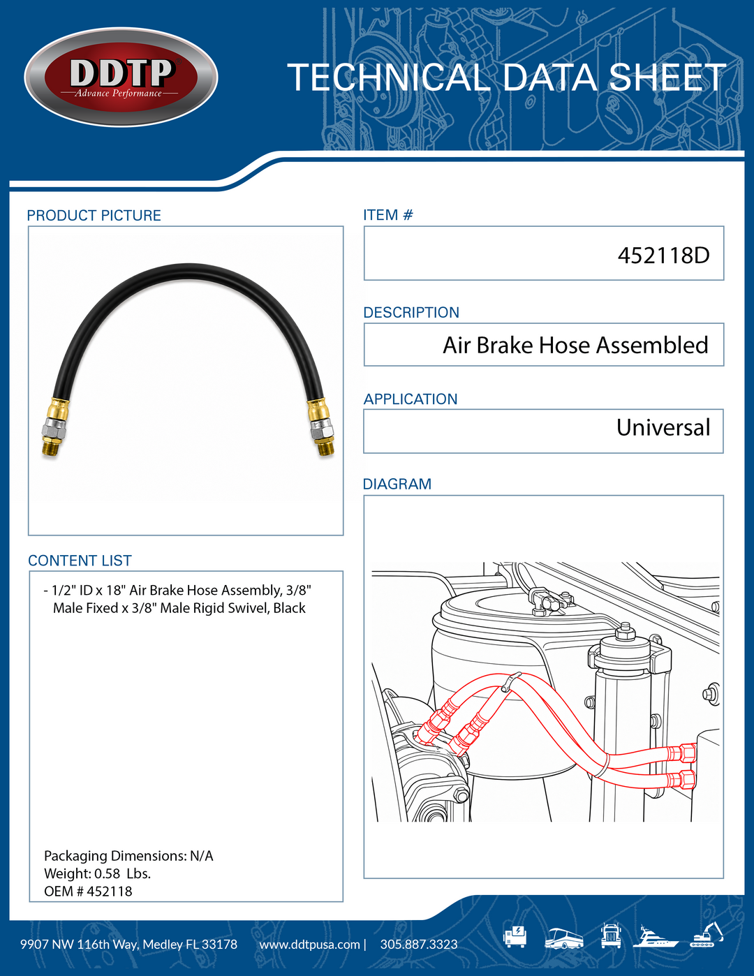1/2" ID x 18" Air Brake Hose Assembly, 3/8" Male Fixed x 3/8" Male Rigid Swivel, Black