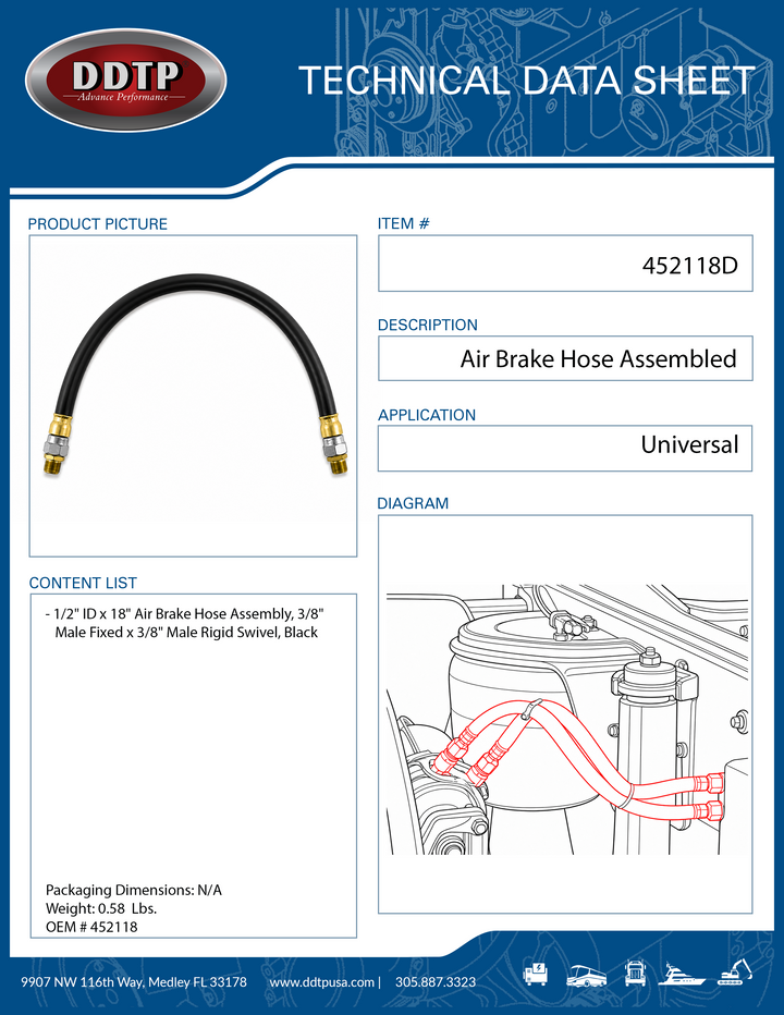 1/2" ID x 18" Air Brake Hose Assembly, 3/8" Male Fixed x 3/8" Male Rigid Swivel, Black