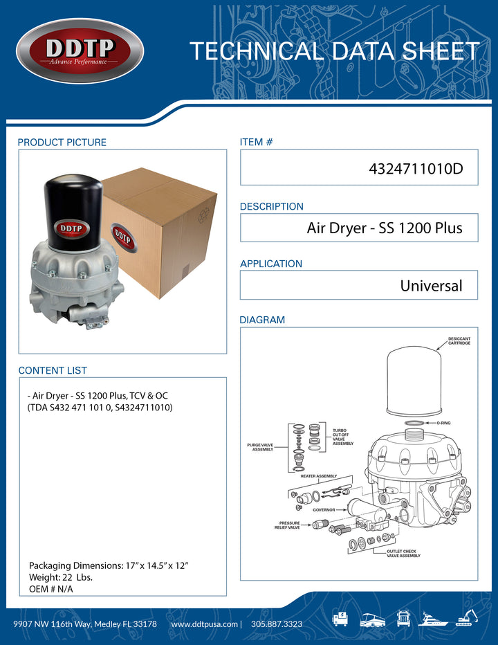 Air Dryer - SS 1200 Plus, TCV & OC (TDA S432 471 101 0, S4324711010)