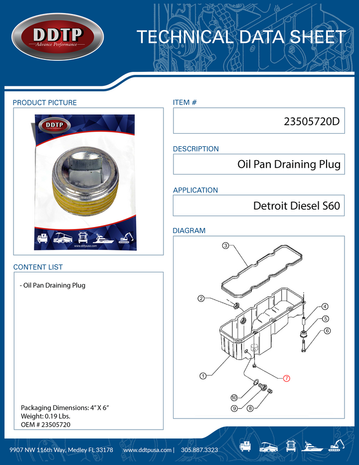 Oil Pan Draining Plug Detroit Diesel S60 (23505720)