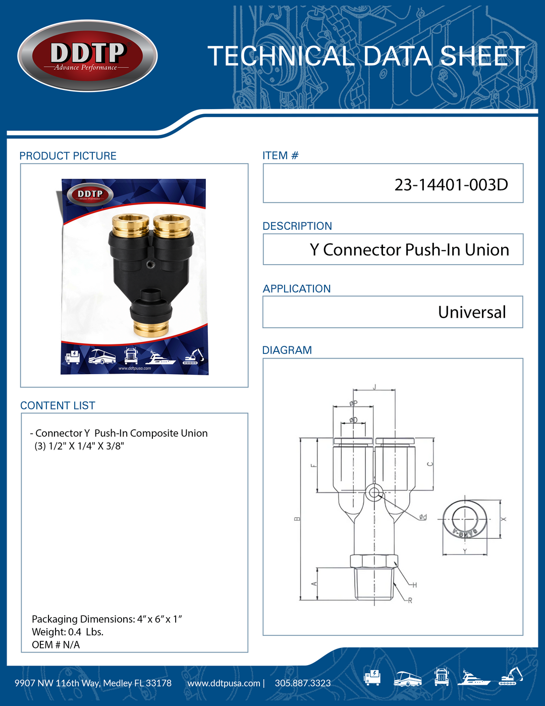 Composite Y Connector Push-In Fitting  1/2" X 1/4" X 3/8"
