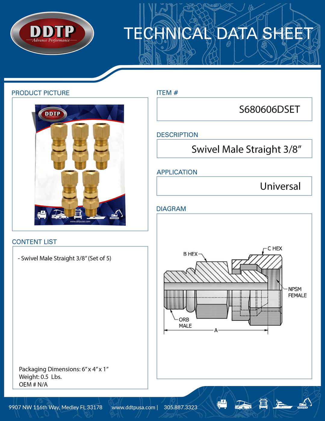 Brass Straight Male Swivel Fitting 3/8" (Set of 5)