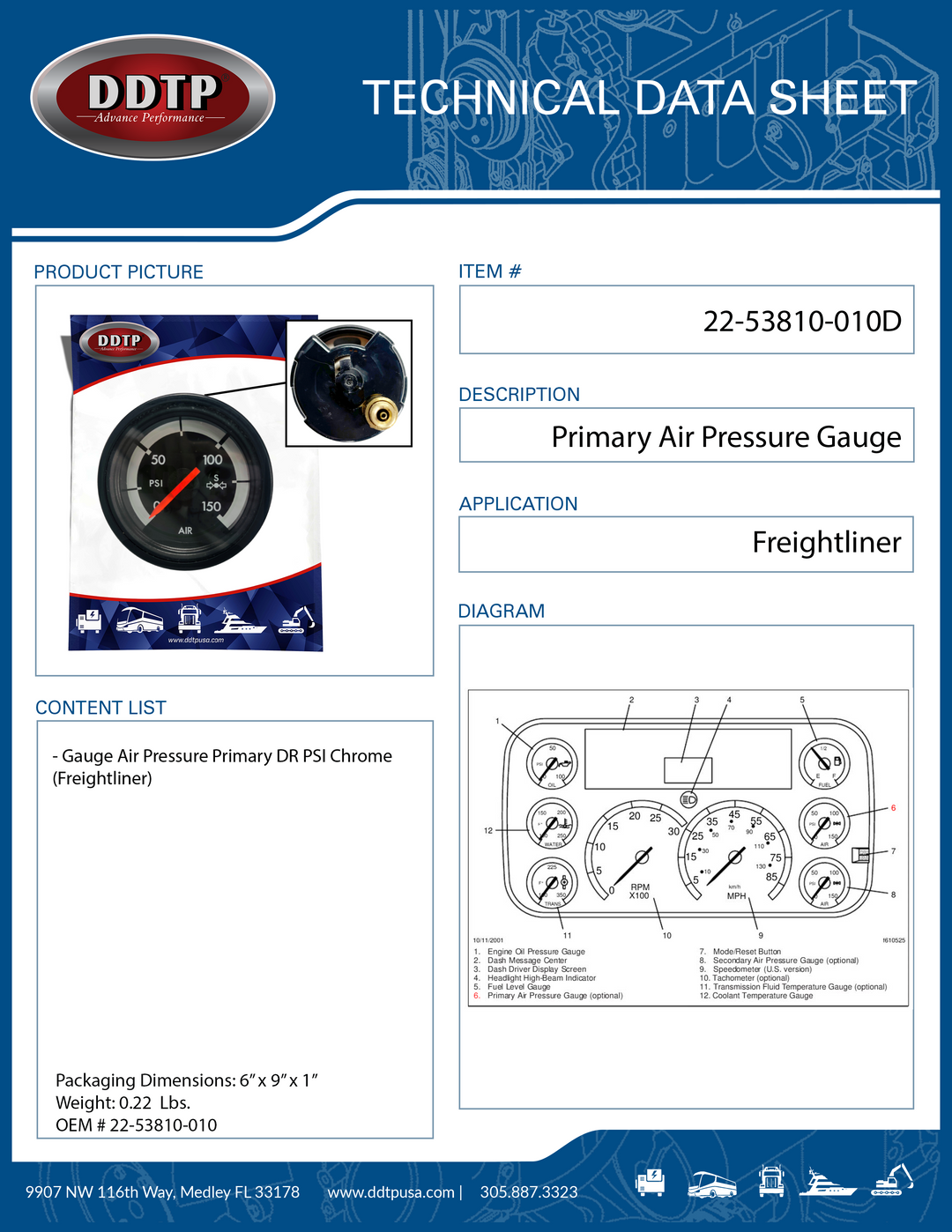 Gauge Air Pressure Primary DR PSI Chrome (Freightliner)
