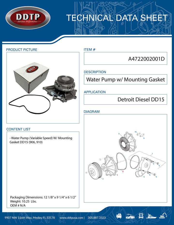 Water Pump (Variable Speed) W/ Mounting Gasket DD15 (906, 910)