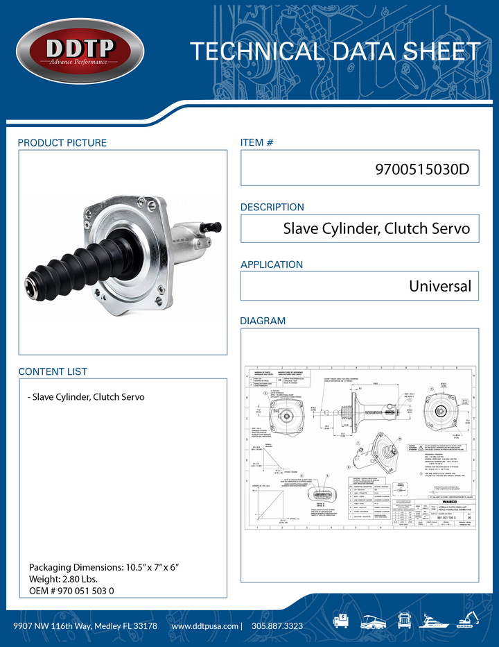 Clutch Slave Cylinder - 8.26 in. Length, 2.08 in. Stroke, M7 x 1 Port Thread