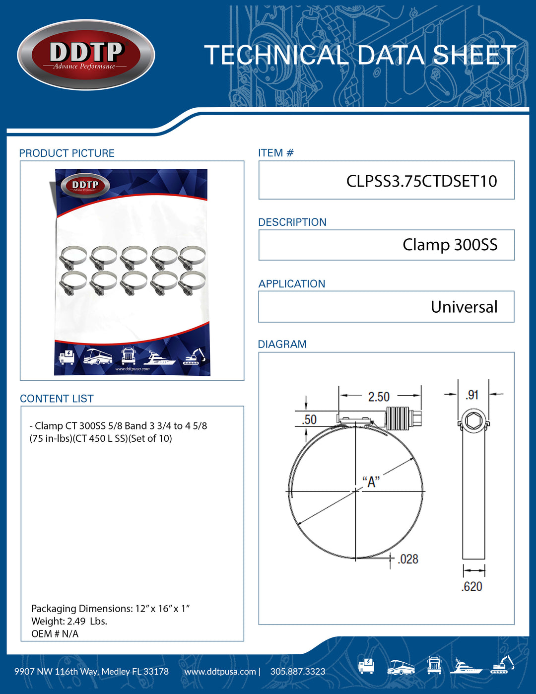Clamp CT 300SS 5/8 Band 3 3/4 to 4 5/8 (75 in-lbs)(CT 450 L SS)(Set of 10)
