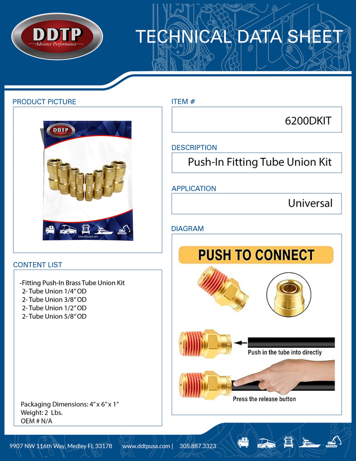 DOT Union Connector Brass Push-Lock Air Brake Fitting Kit