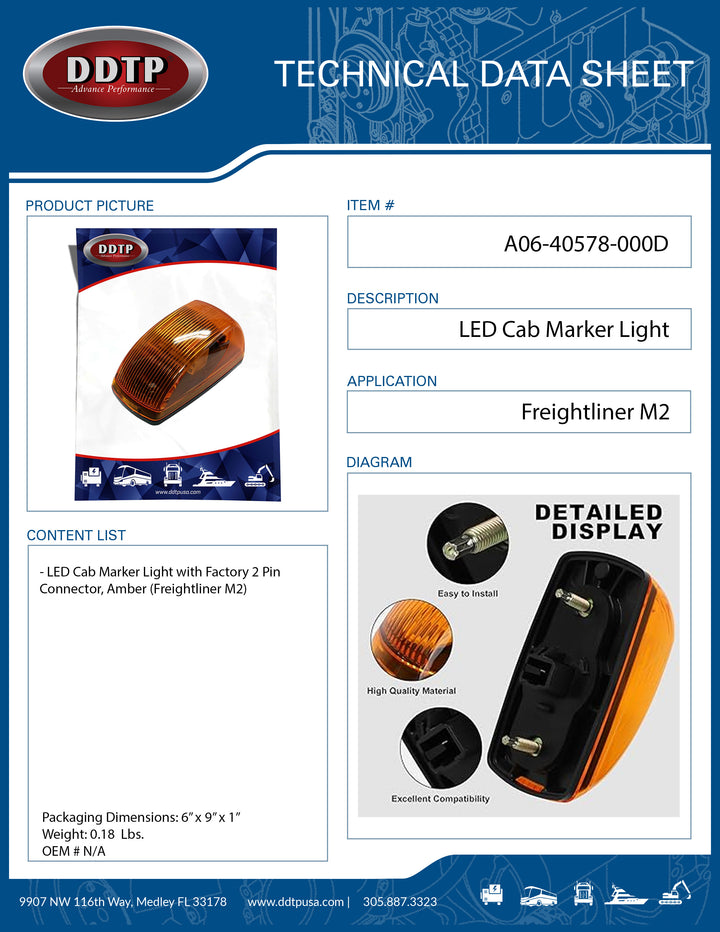 Amber LED Cab Marker Light with Factory 2 Pin Connector (Freightliner M2)