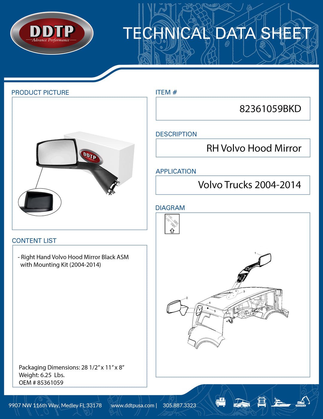 Black RH Volvo Hood Mirror w/ Mounting Kit (2004-2014)