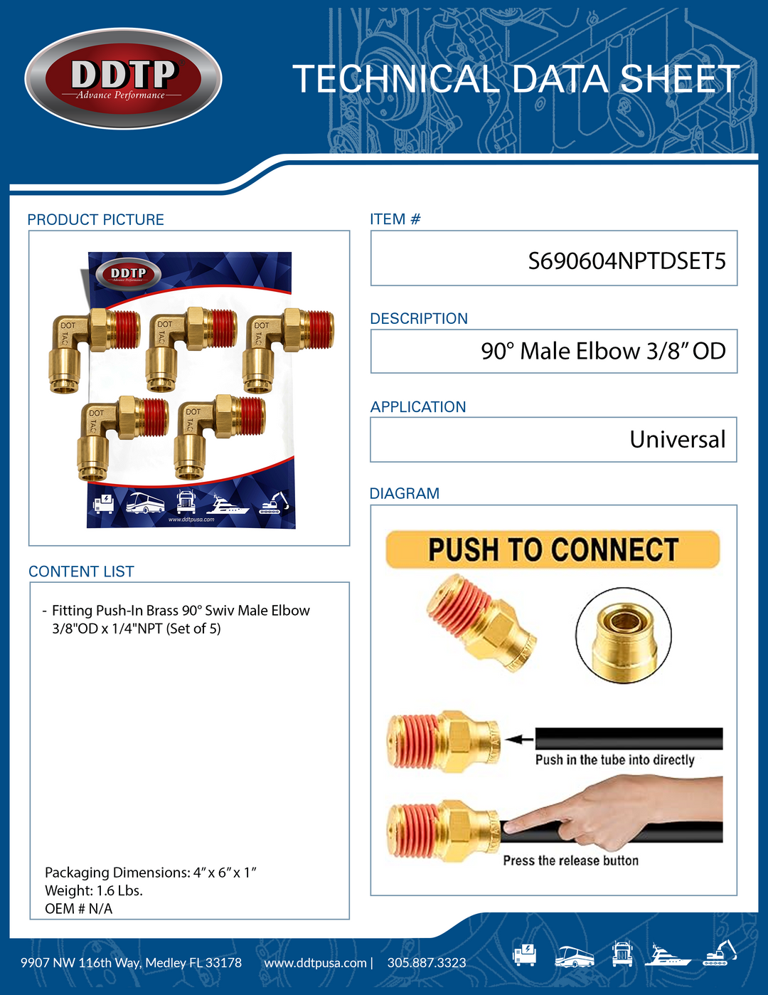 Codo macho de 90° de 3/8" de diámetro exterior x 1/4" NPT (juego de 5)