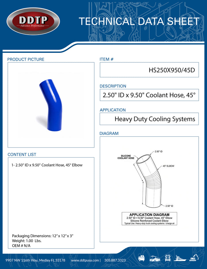 2.50" ID x 9.50" Long Silicone Coolant Hose, 45 Degree Elbow (HS250X950/45D)