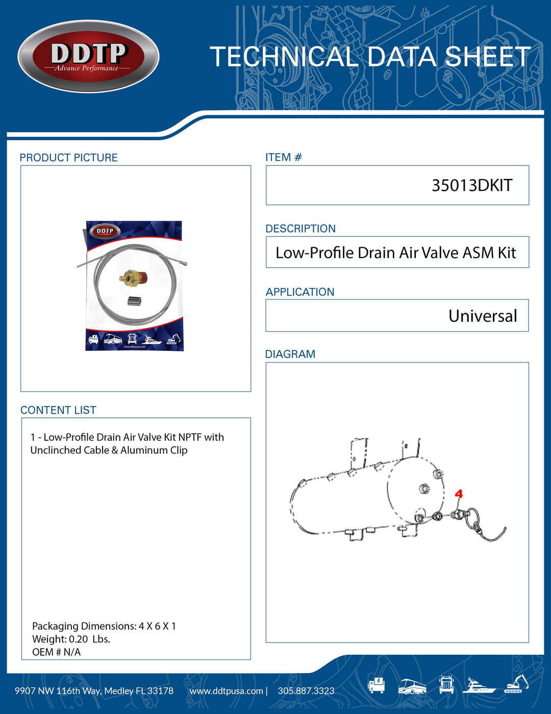 Low-Profile Drain Air Valve Kit 1/4" NPTF with Unclinched Cable & Aluminum Clip