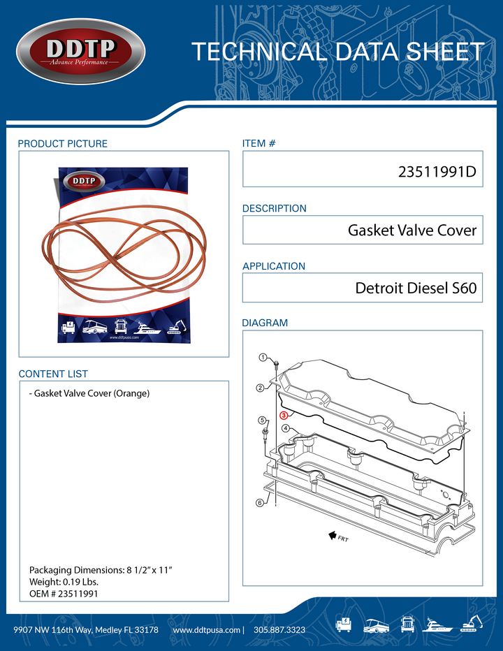 Junta de tapa de válvula para motores Detroit Diesel serie 60 de 12,7 l y 14 l (23511991)