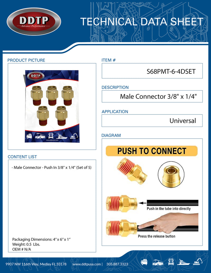 Brass Male Connector - Push In 3/8" x 1/4" (Set of 5)