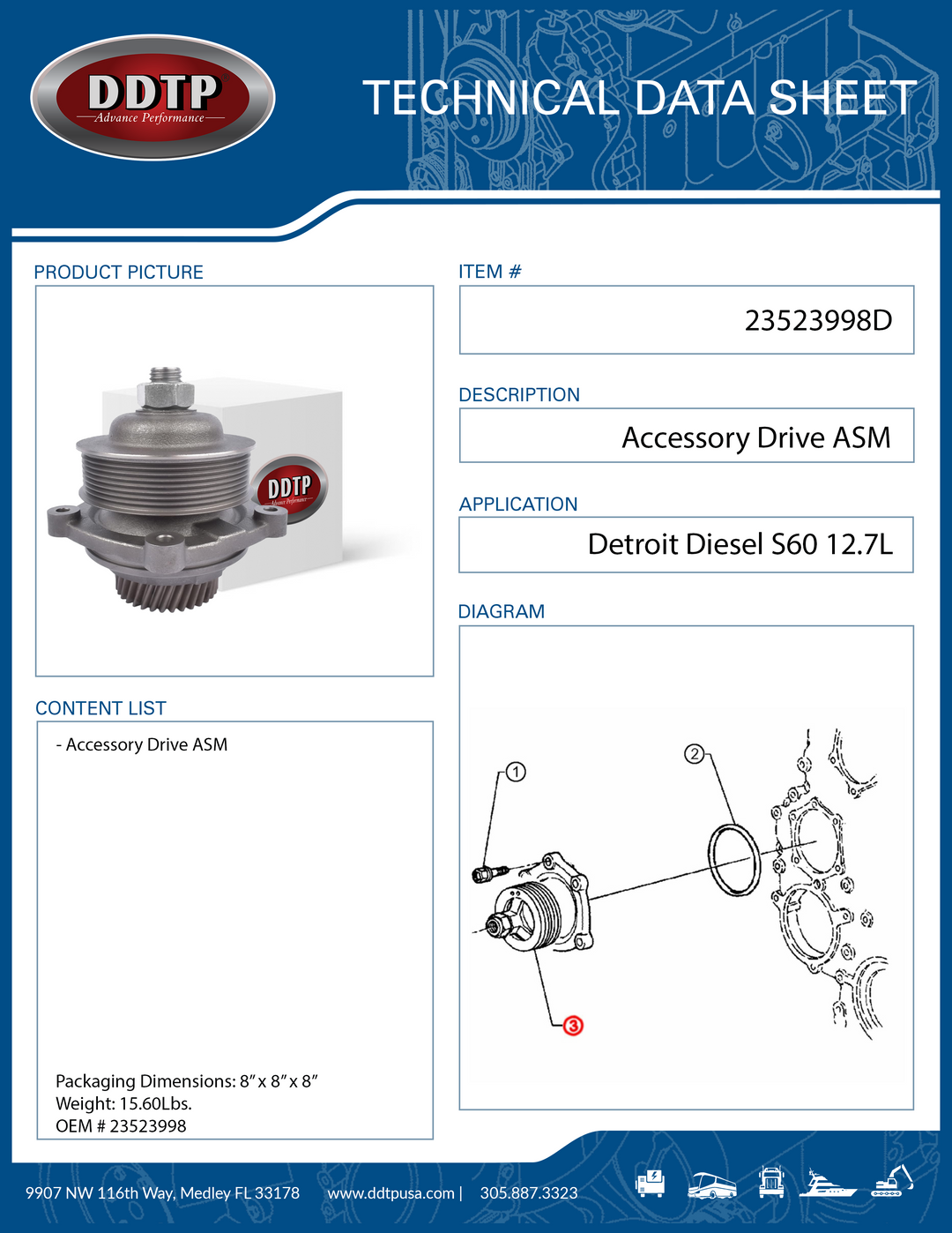Transmisión auxiliar ASM S60 12,7 L sin EGR (23523998)