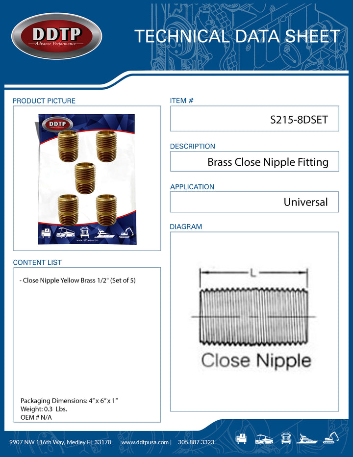Close Nipple Fitting Yellow Brass 1/2" (Set of 5)