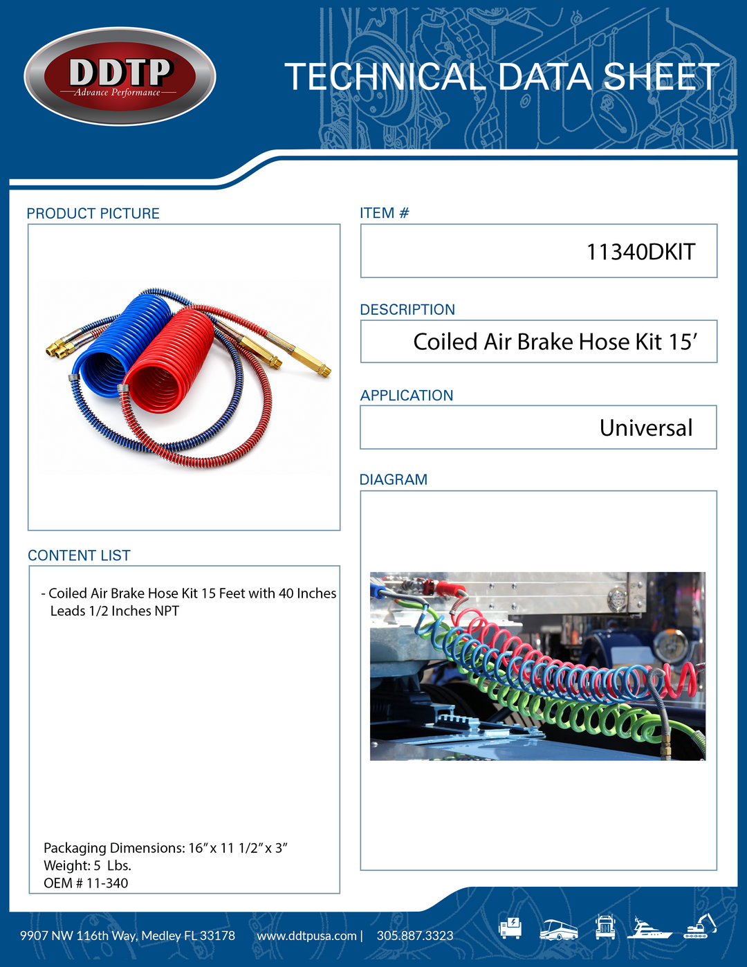 15FT Coiled Air Brake Line Set 1/2" NPT, 40" Leads (Red & Blue)