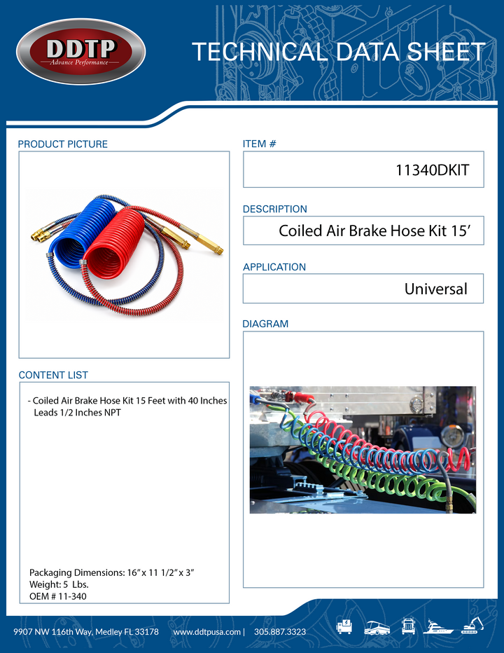 15FT Coiled Air Brake Line Set 1/2" NPT, 40" Leads (Red & Blue)