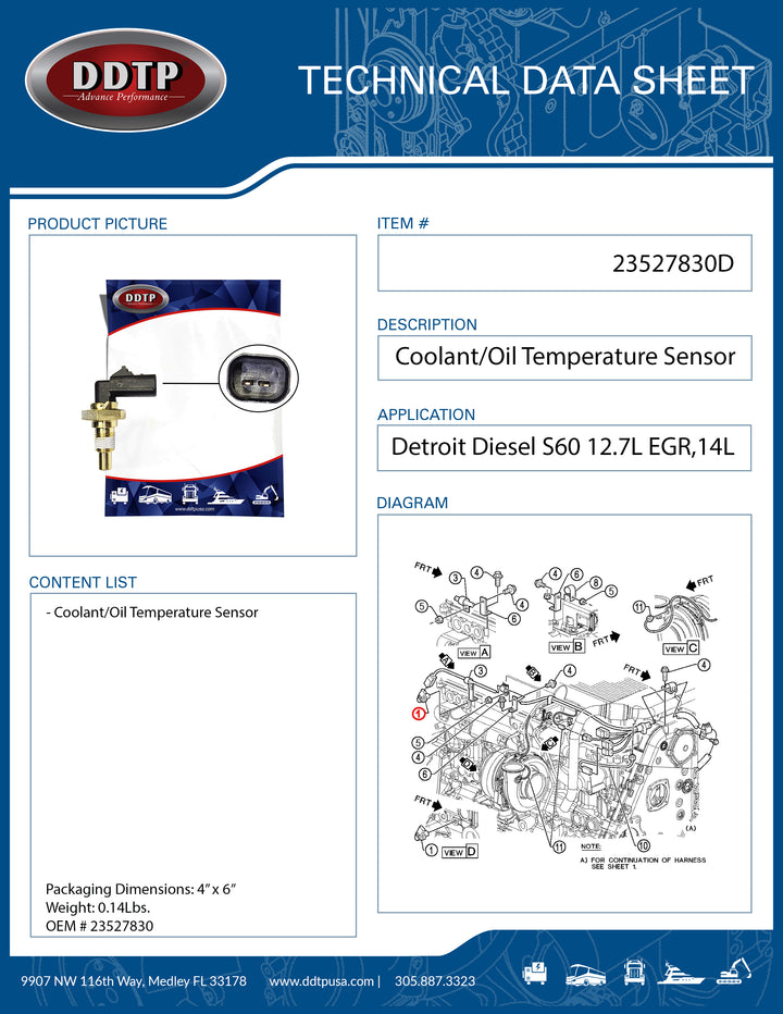 Coolant/Oil Temperature Sensor S60 12.7L EGR, 14L
