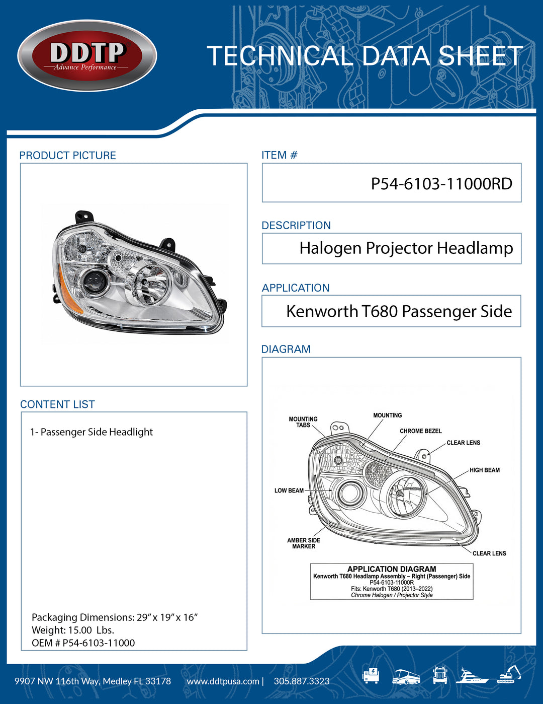 Kenworth T680 Passenger Side Headlight Assembly | Halogen Projector Headlamp (P54-6103-11000)