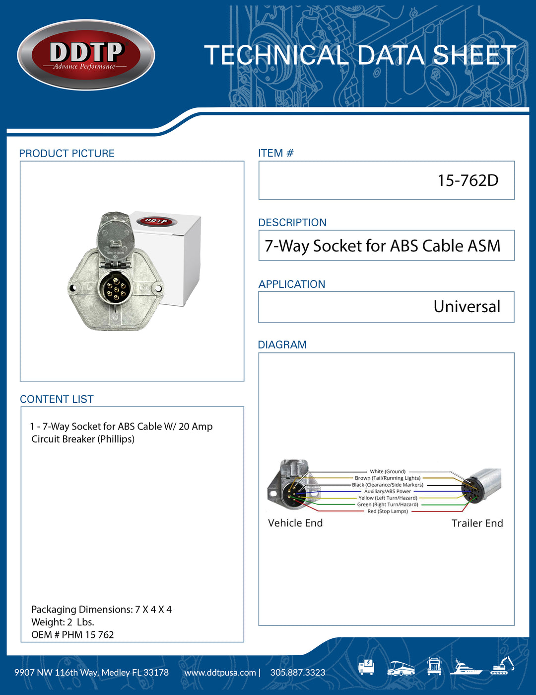 7-way Socket for ABS Cable W/ 20 Amp Circuit Breaker Phillips ( 15-762D )